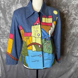 Vintage KAKTUS Jacket Womens PM Colorful Art To Wear 80s‎ Seaside Picnic Table